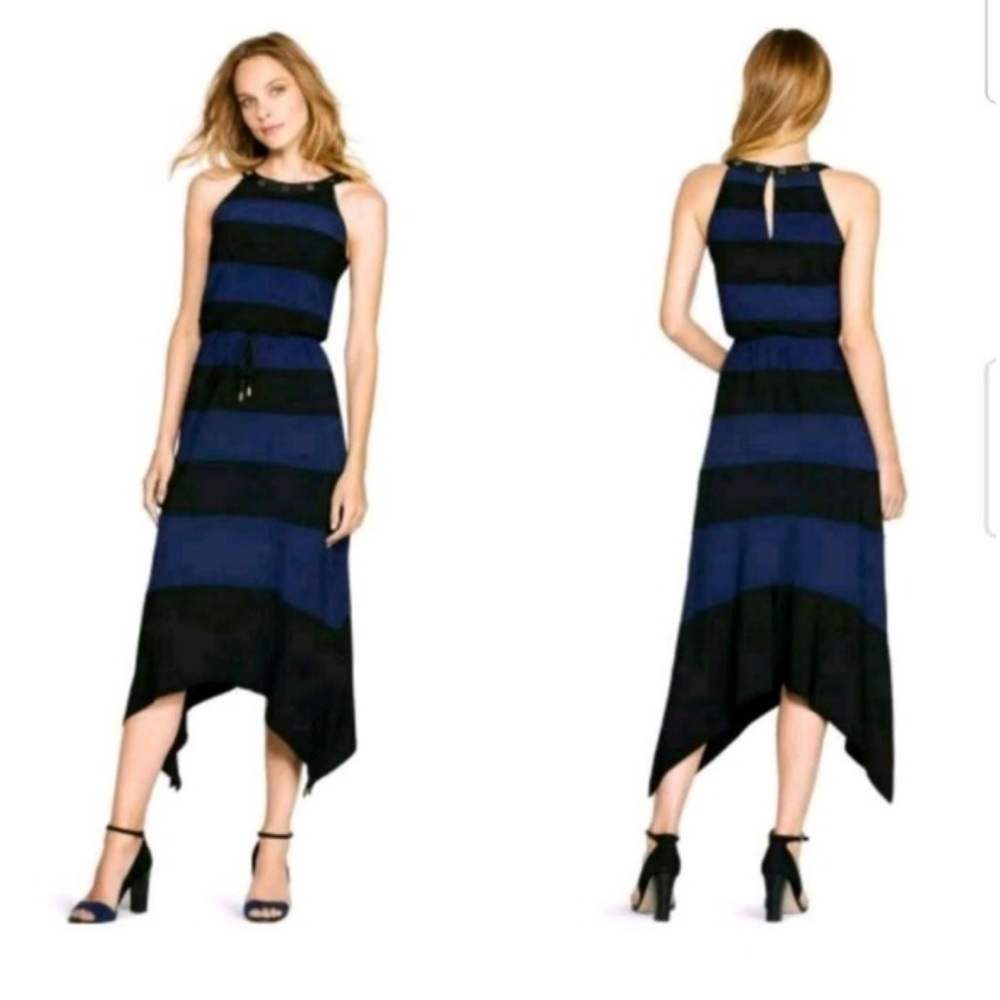 WHITE HOUSE BLACK MARKET Color Block Black Noble Blue Maxi Dress SZ SM Vacation